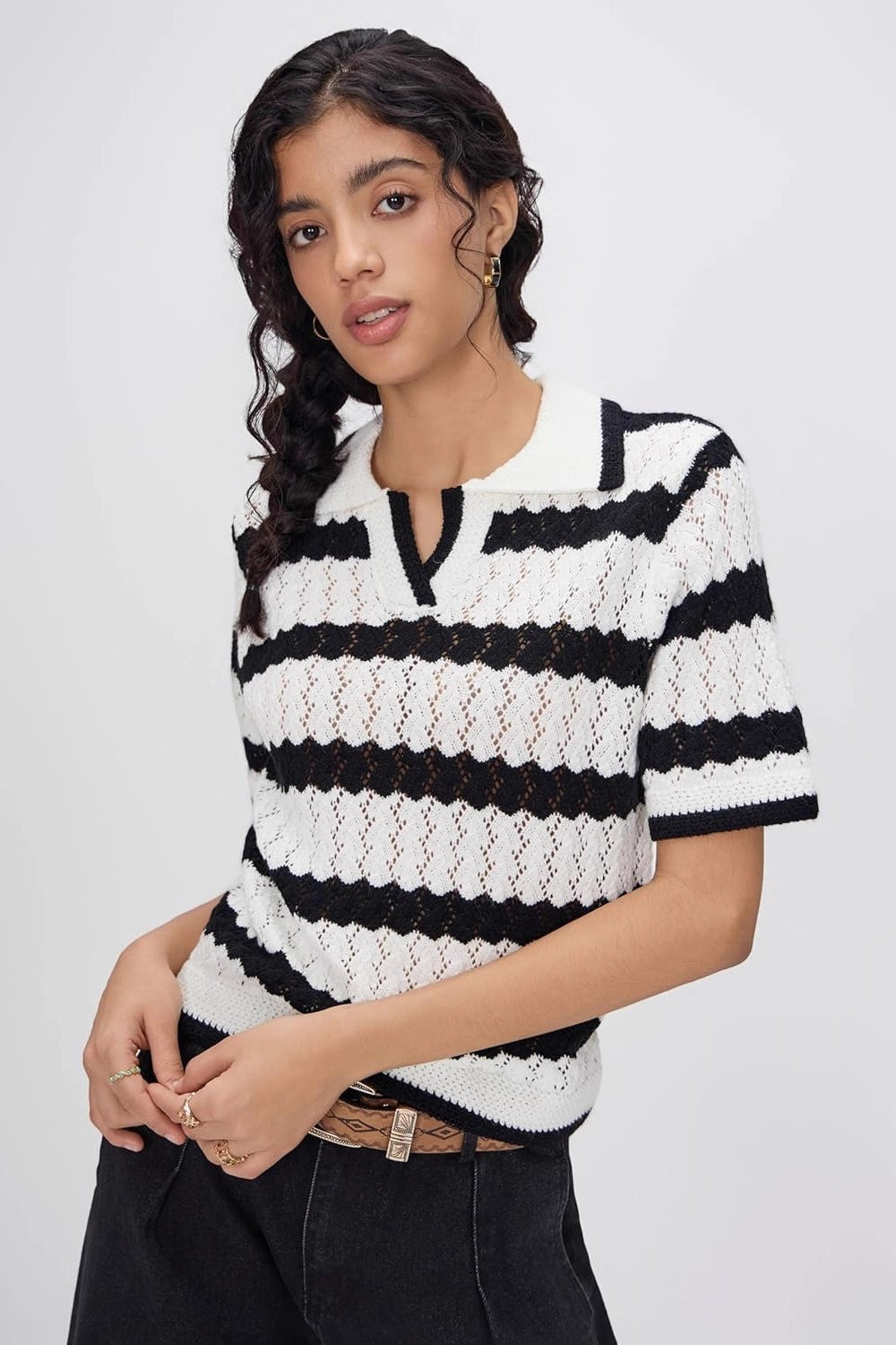 Striped Polo Short Sleeve Sweater