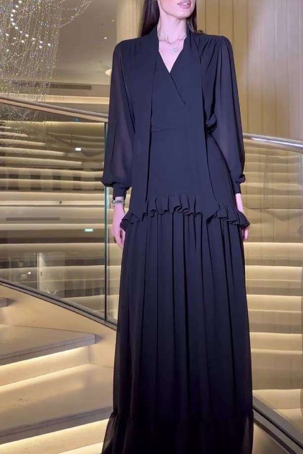 V-neck Lantern Sleeve High-Waisted Tiered Ruffle Maxi Dress