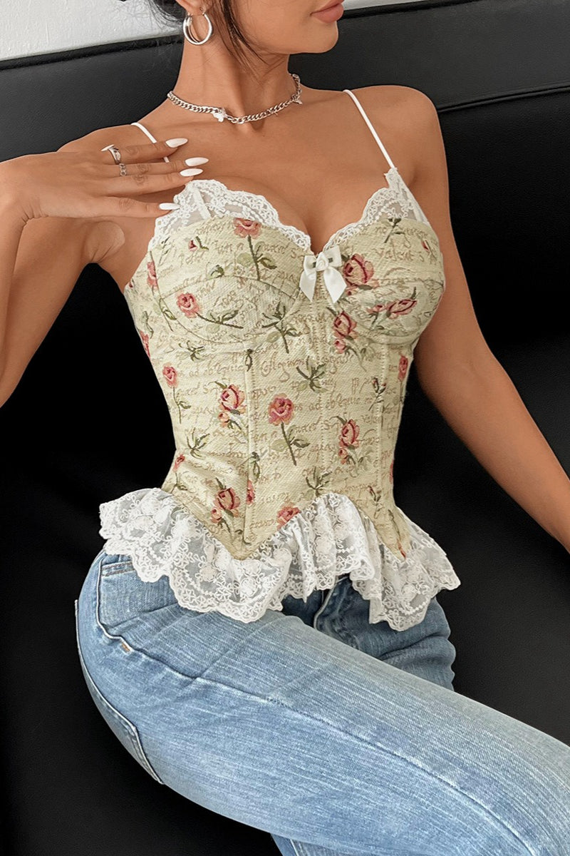 Lace Trim Patchwork Boned Corset Tank Top