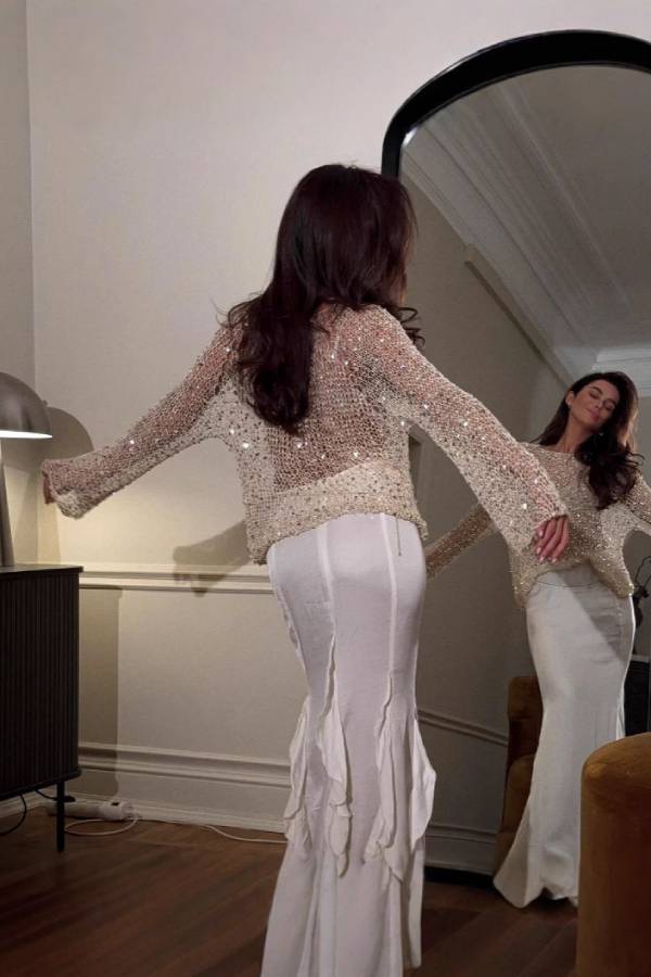Sequin Embellished Openwork Crochet Flared Sleeve Blouse