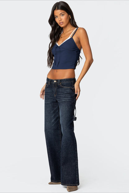 Faux Two Piece Bow Lace Sweet Crop Top