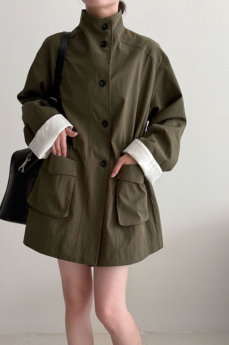 Pocketed Loose Drawstring Trench Coat