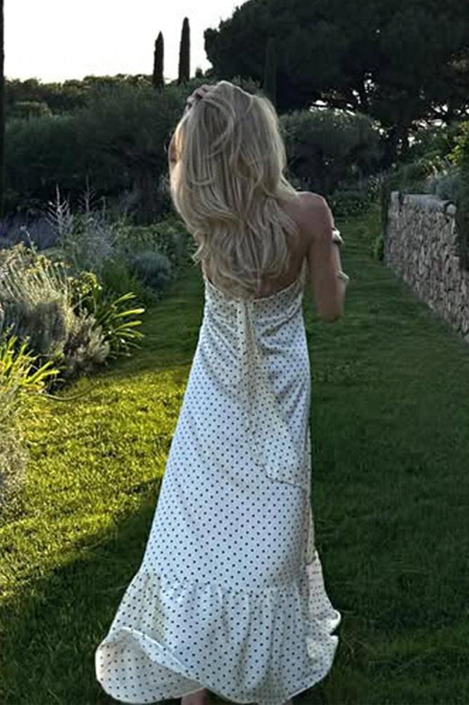 Polka Dot Satin Halter Ruffled Neck Tiered Ruffle Hem Maxi Dress