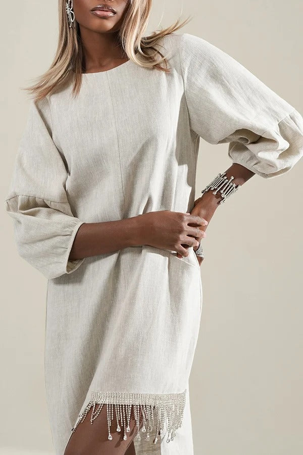 Luna Linen Blend Balloon Sleeve Pocket Silver Tassels Asymmetrical Hem Midi Dress