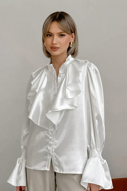 Satin Flare Sleeve Button Blouse