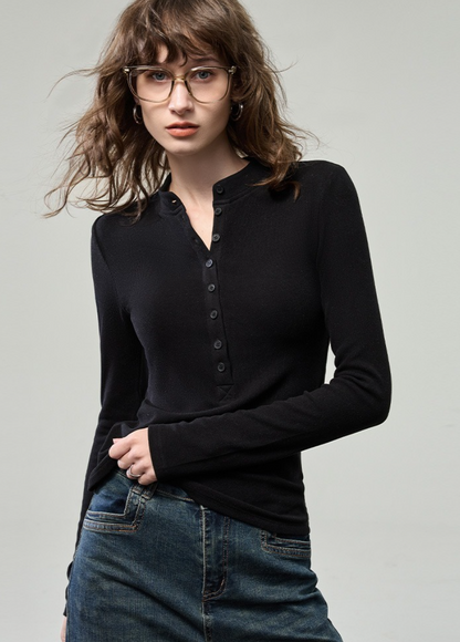 Fitted Henley Button Slim Crew Neck Long Sleeve Blouse