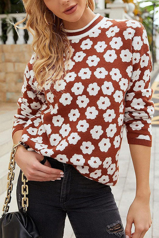 Mock Neck Floral Print Knitted Sweater Color Block Light Weight Sweater