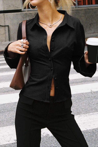 British Style Striped Button Front Lightweight Blouse