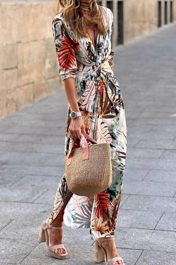 Tropical Print Twist Waist Slit Vacation Maxi Dress