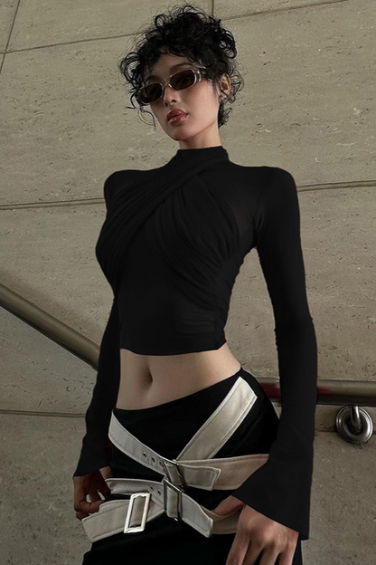 Slim Strappy Paneled Long Sleeve Stylish Crop Top