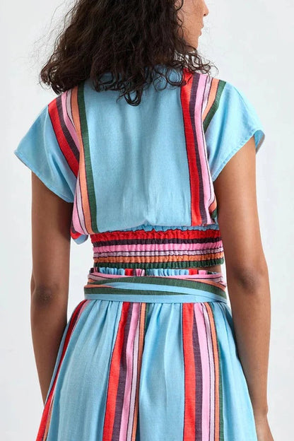 Stylish Striped Print V-neck Cropped Top and Elastic Waist Casual Maxi Skirt Set