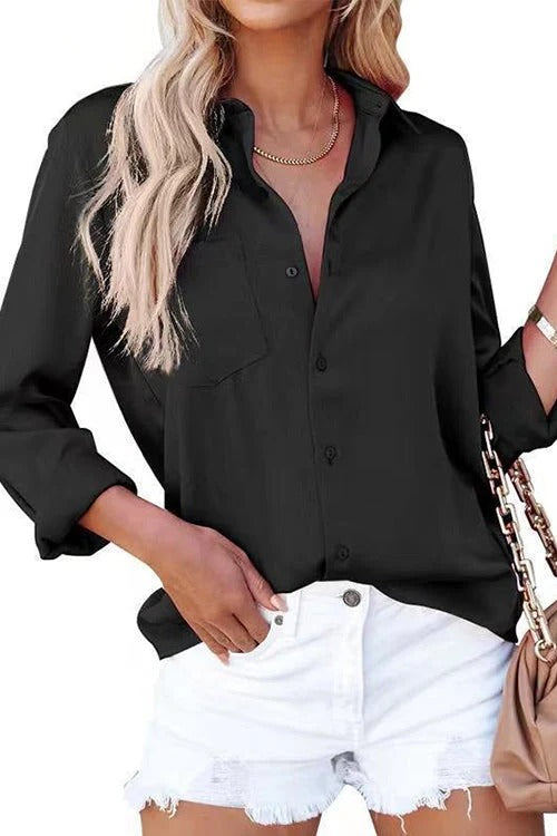 Solid Long Sleeves Button Up Satin Shirt