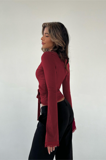 Y2K Lace Trim Tie Waist Slim Long Sleeve Crop Top