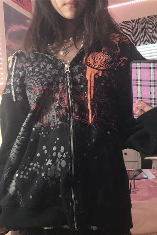 Fleece Lined Zip Loose Thickened Gothic Hoodie