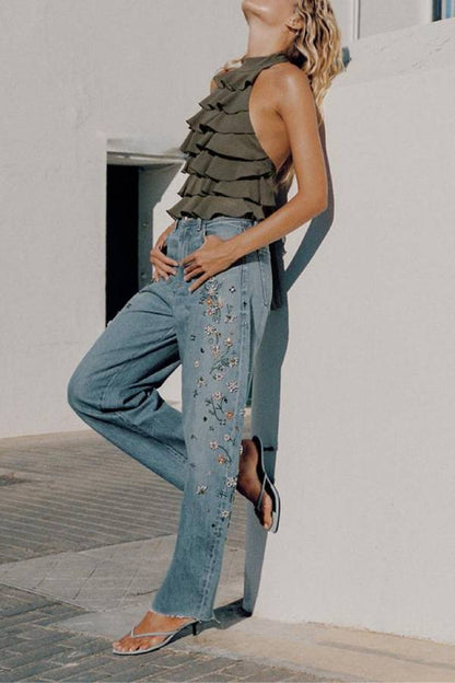 TRF HIGH RISE EMBROIDERED BARREL JEANS