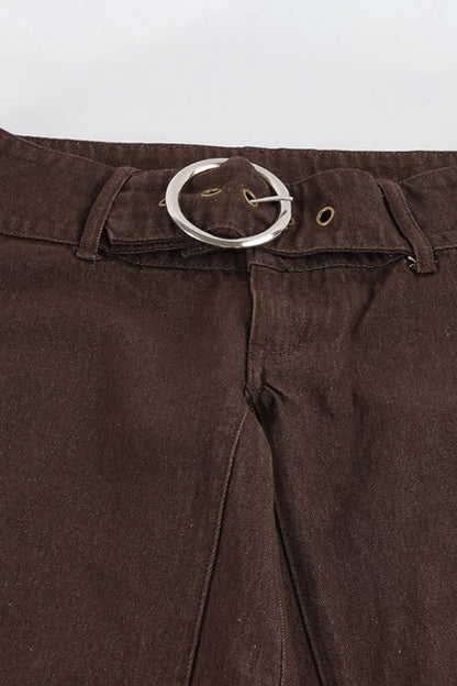 Low Rise Buckle Detail Loose Flare Leg Jeans