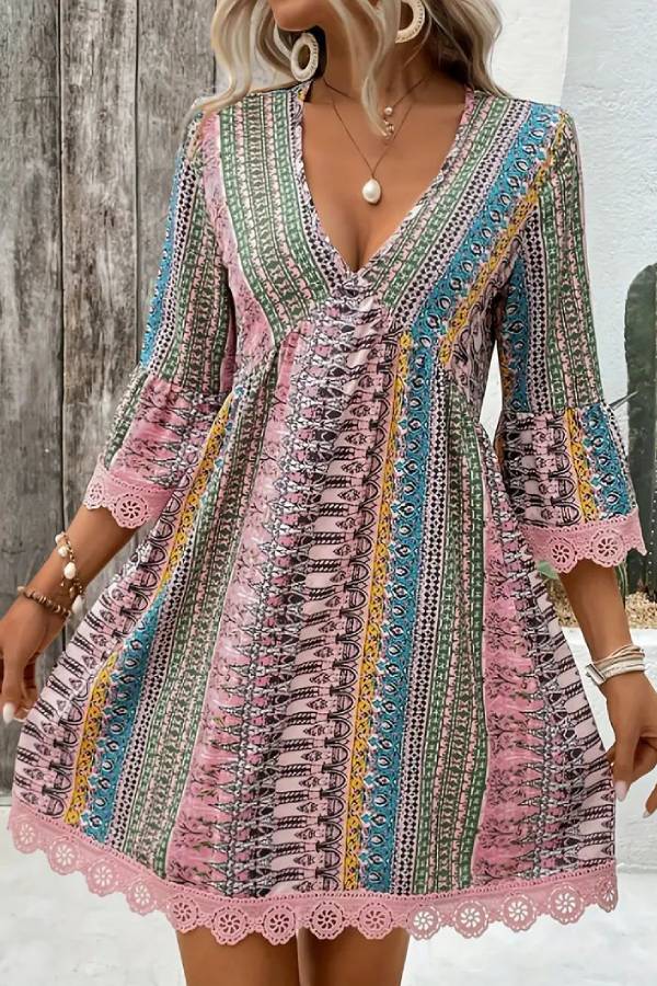 Bohemian Ethnic Print V-Neck Lace Trim Bell Sleeve Babydoll Dress
