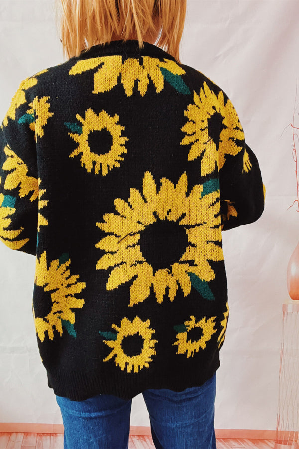 Sunflower Jacquard Crewneck Long Sleeve Knit Pullover Sweater