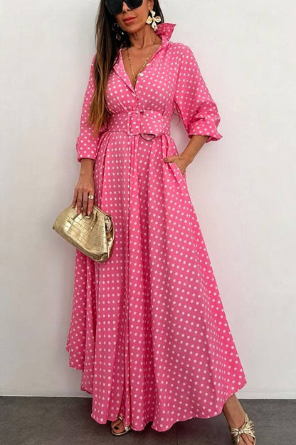 Ruby Color Blocked Polka Dot Print Belted Long Sleeve Pocket Shirt Maxi Dress