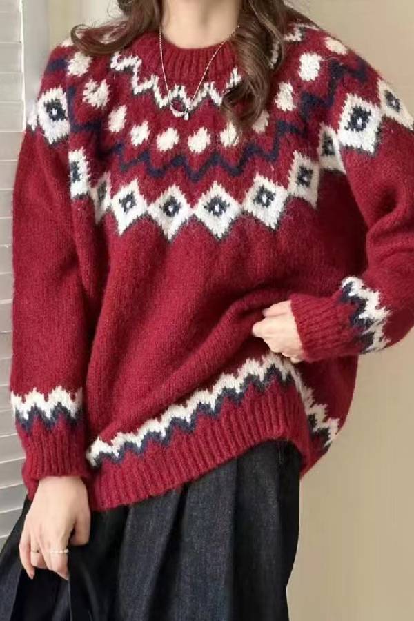 Retro ethnic style geometric pattern round neck loose knit sweater