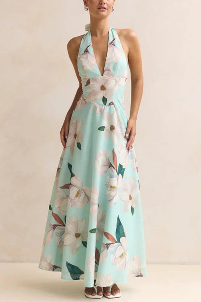 Floral Print V-neck Backless Tie-up Fitted Waist Elegant Maxi Dress