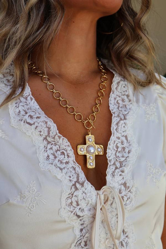 Maya Pearl Cross Necklace Gold