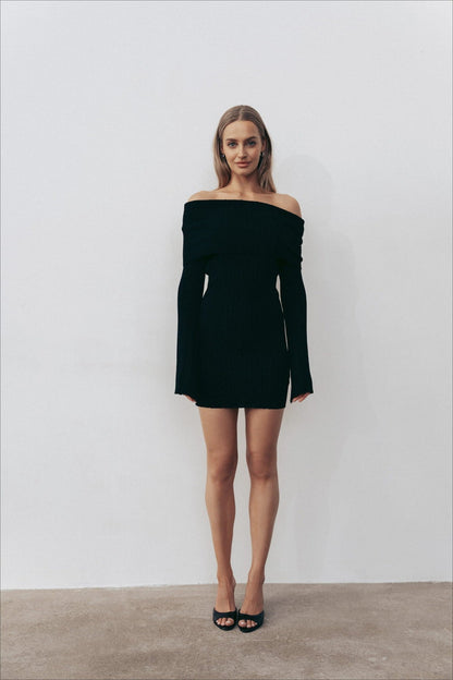 Off Shoulder Ribbed Knit Long Sleeve Flare Cuff Bodycon Mini Sweater Dress