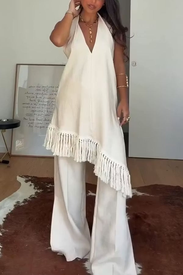 Kortnie Linen Blend Tassel Hem Halter A-line Top and High Rise Pocket Wide Leg Slit Pants Set