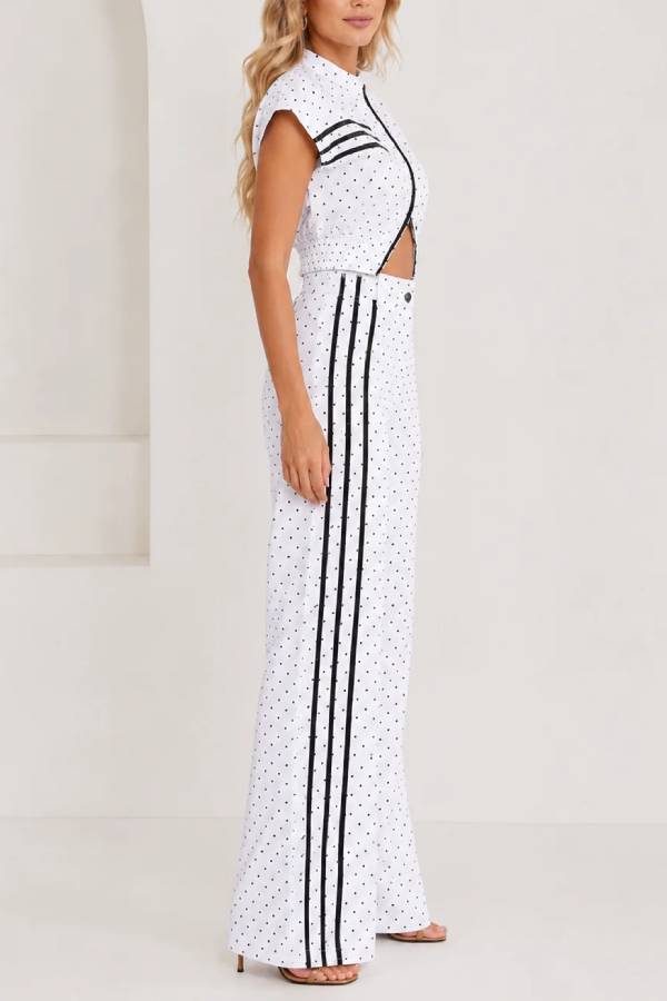 Sporty Polka Dot Striped Print Short Sleeve Jacket and High Rise Elastic Waist Wide Leg Pants Set