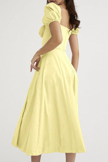Off Shoulder Puff Sleeve Corset Tie Front High Split Maxi Dress