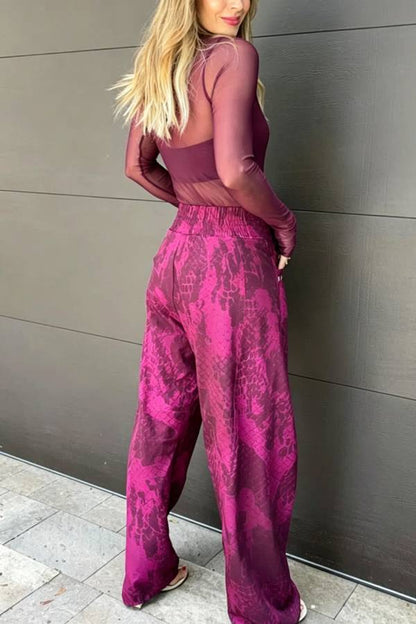 Free Moment Animal Print Metal Ring Design Pocket Wide Leg Pants