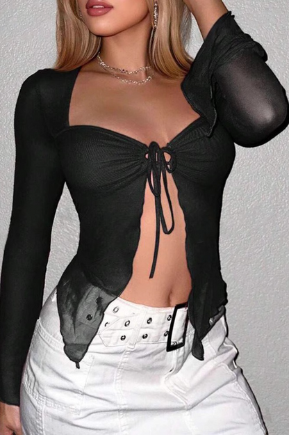 Chic Mesh Slim Short Long Sleeve Crop Top