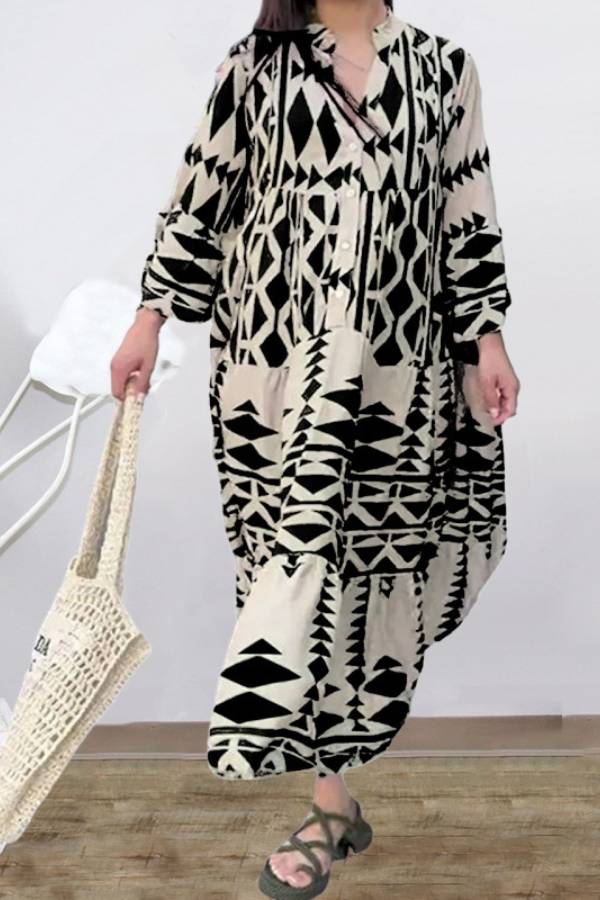 Geometric Tribal Print V Neck Gathered Tiered Maxi Vacation Dress
