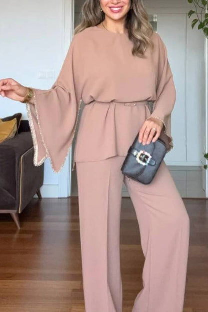 Beaded Wide-Sleeve Waisted Wide-Leg Pants Two-Piece Set