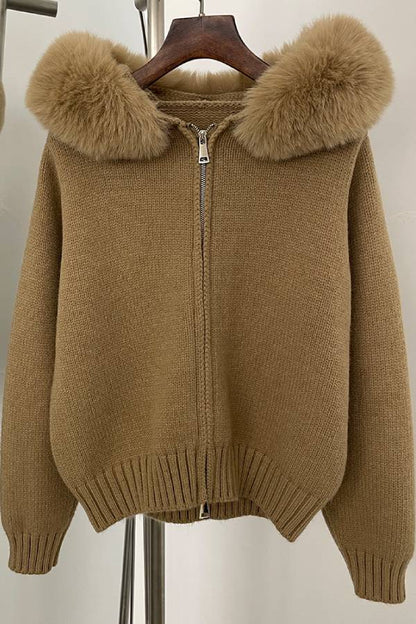 Fur-collar zip-up cardigan