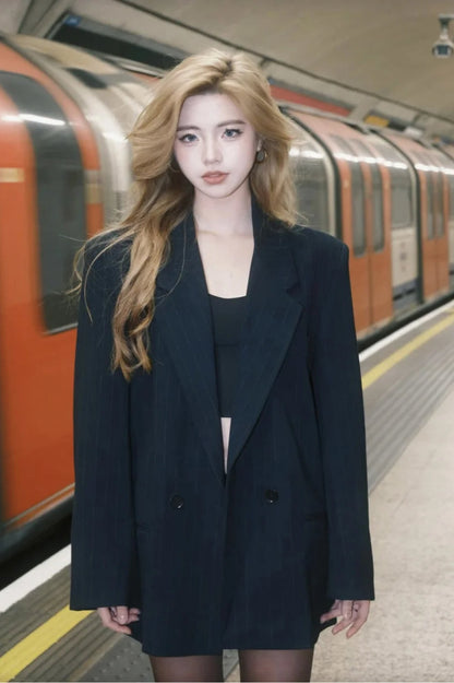 Shoulder-Padded Pinstripe Blazer