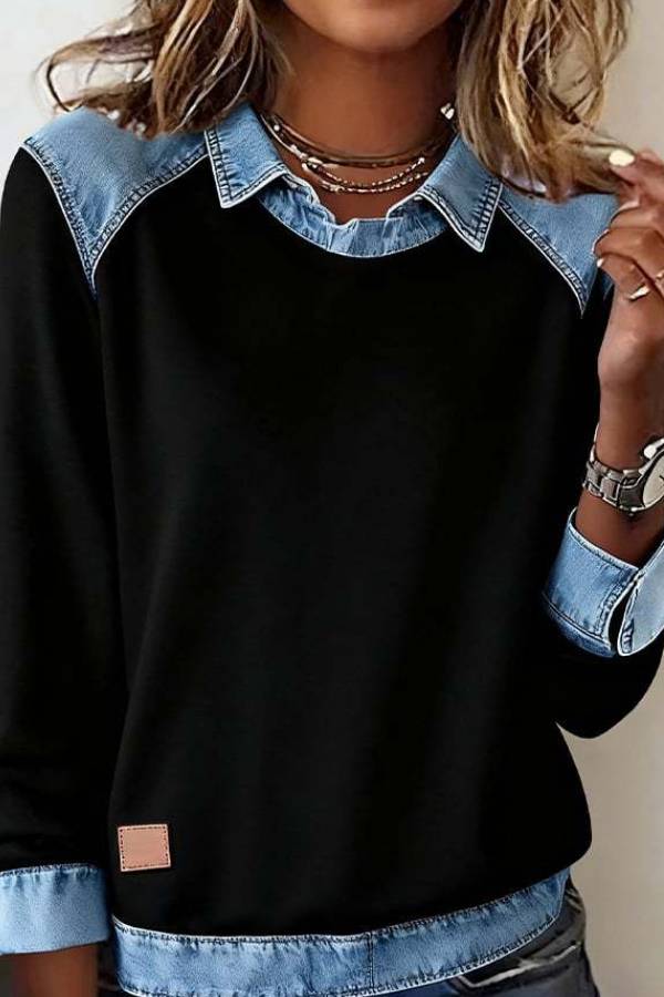 Denim Spliced Fake Two Piece Long Sleeve Knit Sweatshirt Top