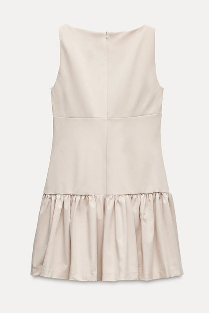 Velvet Bow Trim Drop Waist Gathered Pleated Mini Dress
