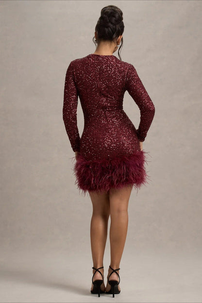 Solid Color Sequin Feather Long Sleeve Round Neck Sequin Dress