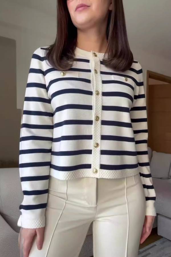 Striped Knit Cardigan with Metal Buttons