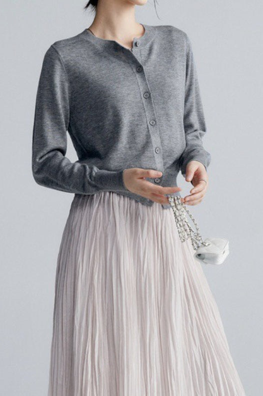 Solid Color Round Neck Knit Cardigan