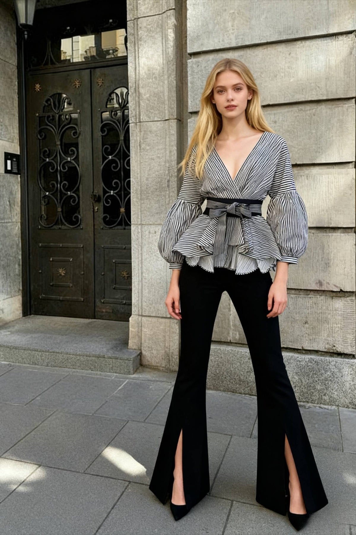 Spring Women's Bow Pants Lantern Flare Black + Striped Split Warm-Season Blouse Arm Arm Set