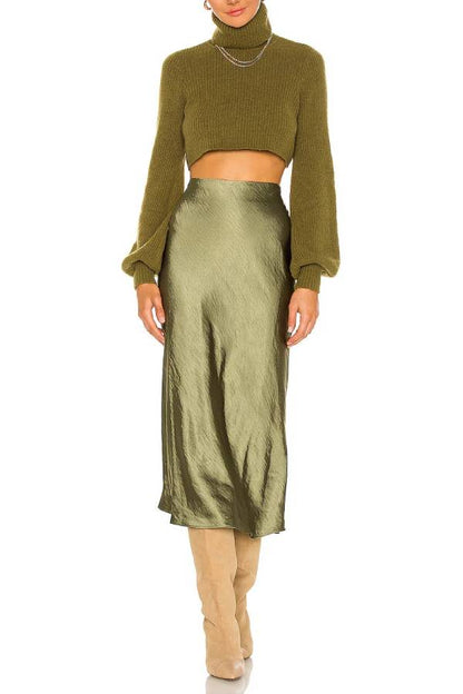 Olive Green Satin Midi Skirt with Side Slit