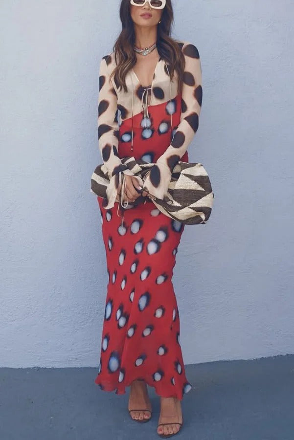 Sabine Animal and Butterfly Print Colorblock Long Sleeve Bias Cut Maxi Dress