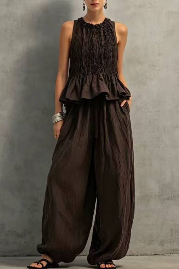 Dark Brown Smocked Peplum Top + Balloon Wide-Leg Pants Set