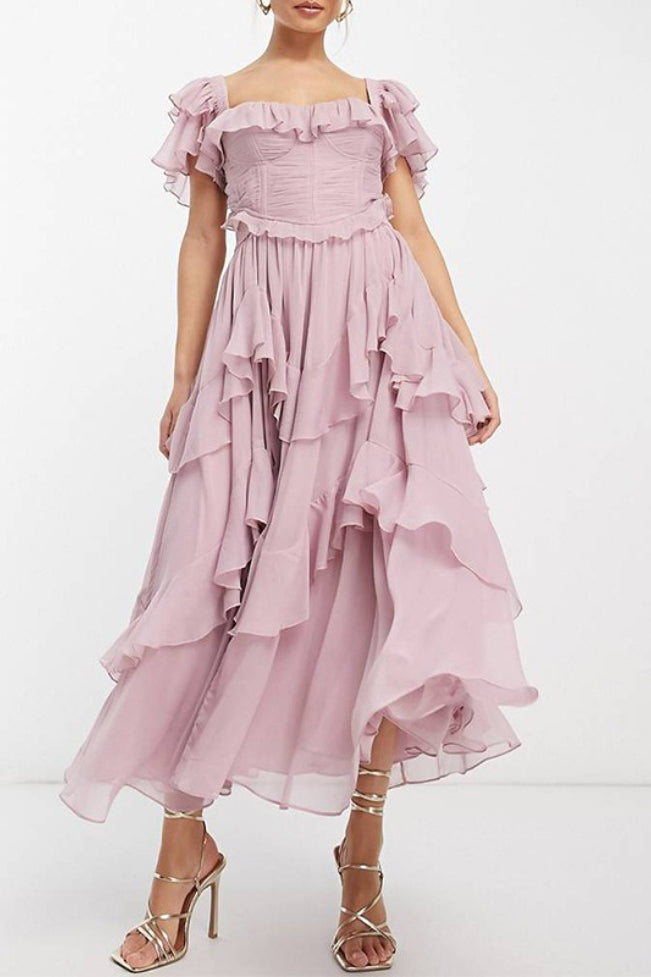 Lace Backless Tiered Ruffle Long Prom Dress