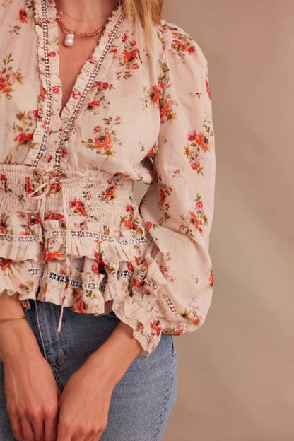 V-Neck Floral Print Waist-Cinched Ruffle Blouse