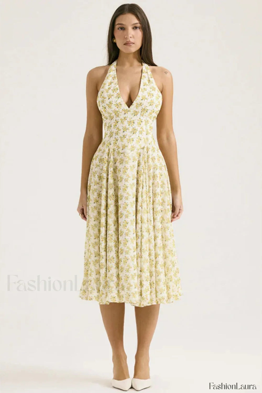 Deep V-Neck Backless Floral A-Line Floral Dress