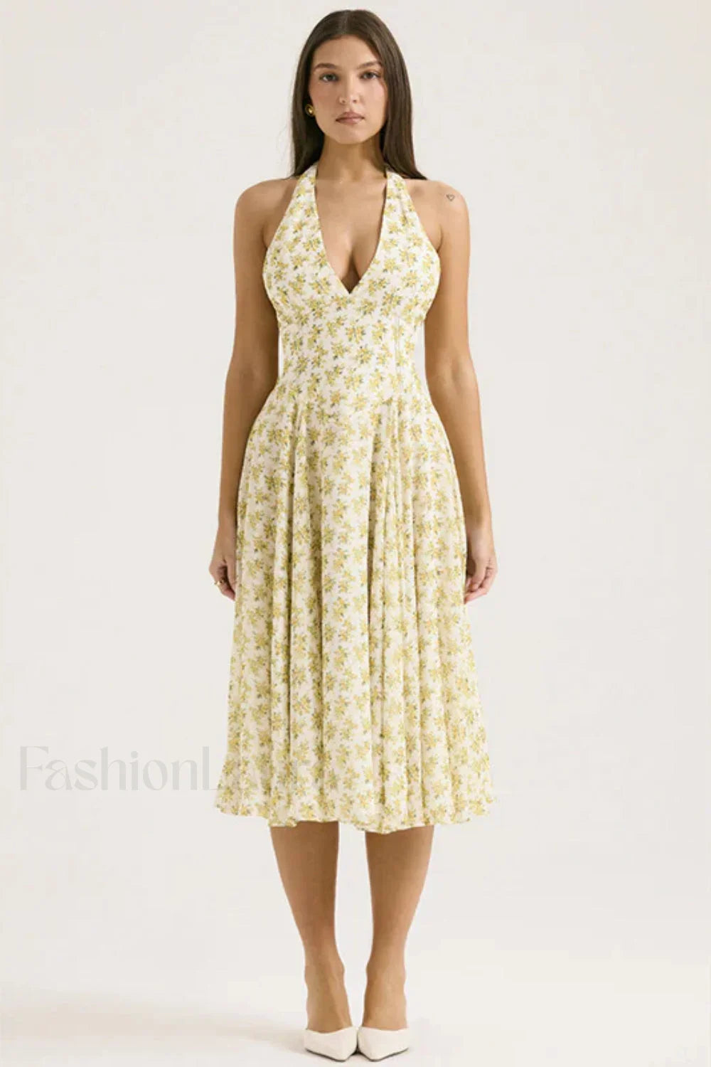 Deep V-Neck Backless Floral A-Line Floral Dress