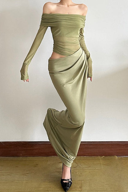 Off Shoulder Sheer Tulle Mesh Slim Fit Elegant Prom Dress